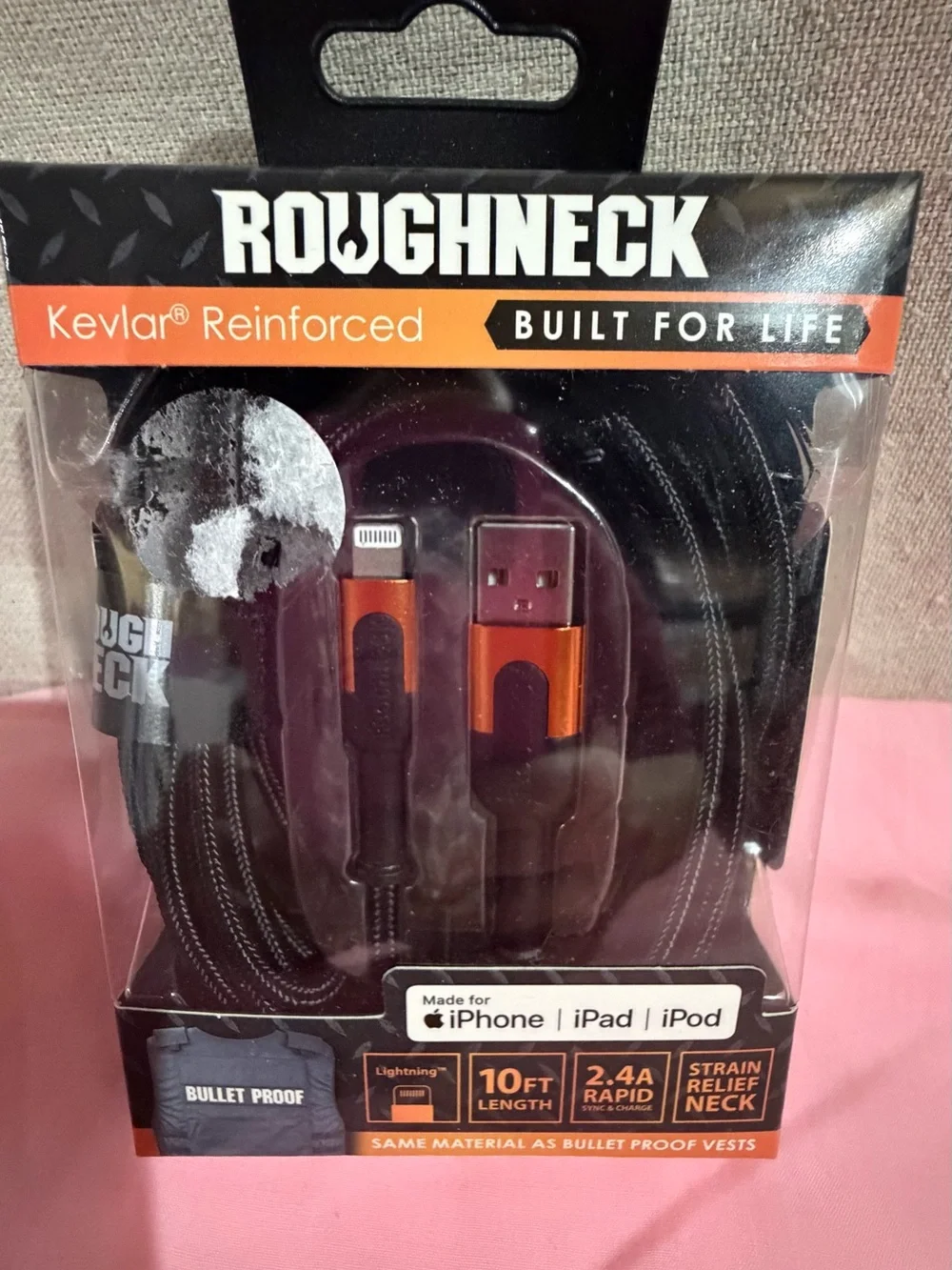 10ft Kevlar Reinforced Lightning USB Cable - Black/Orange iPad iPhone iPod